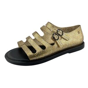 Melissa Womens Broadway Gold Glitter Jelly Sandals 9 Strappy Flat Shoes Retro
